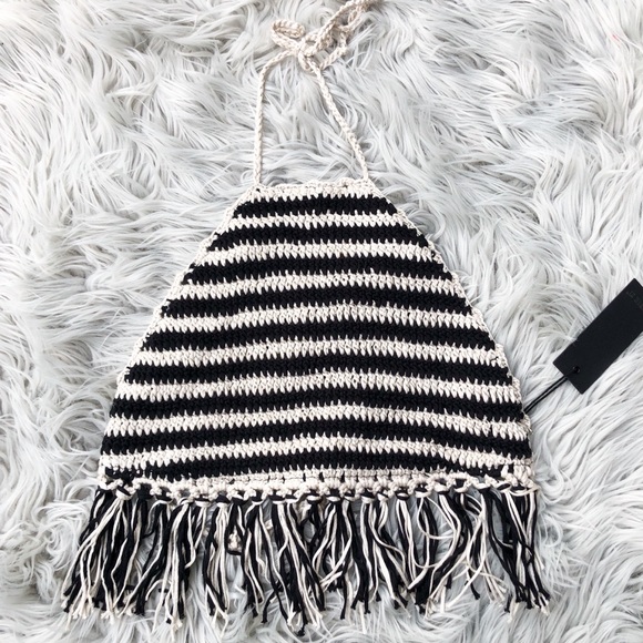 Forever 21 Tops - Forever 21 / Black & Cream Fringe Backless Top